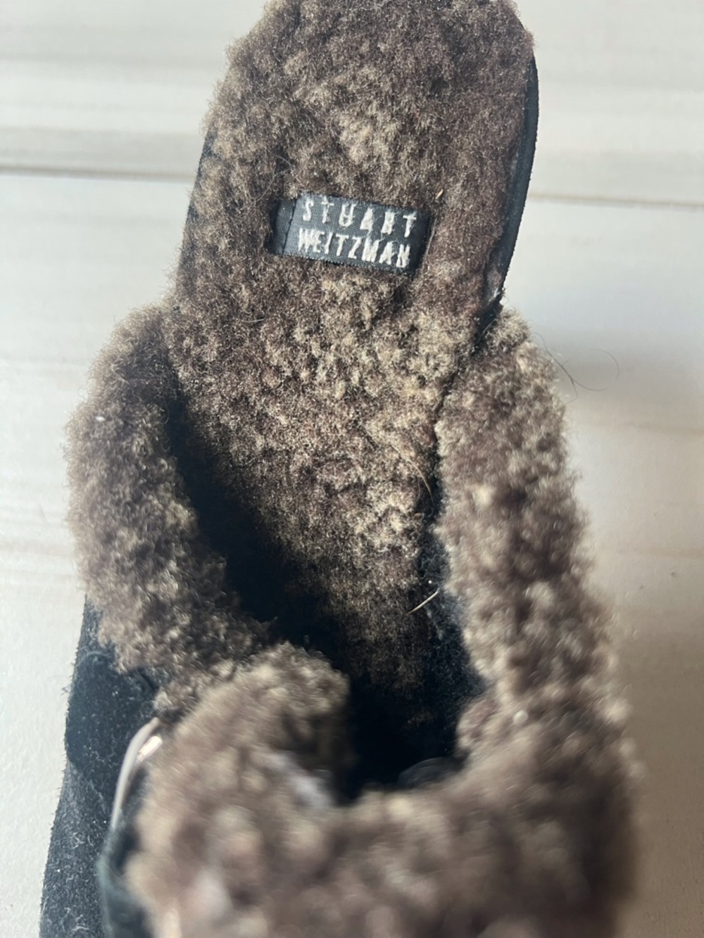Stuart Weitzman Black Suede Shearling-Trim Slip-On Mules - Picture 8 of 8